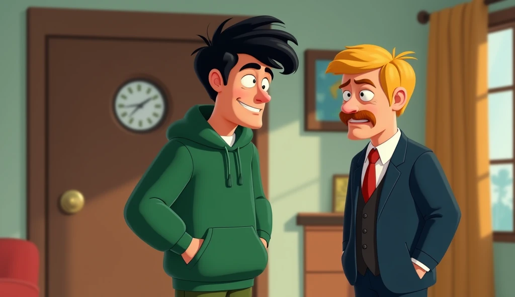  The tall 28-year-old man ,  black hair with bangs ,  is cheerful in a green hoodie and green pants ,  is being kicked out of the house by his blond father, with a red mustache ,  in a dark blue suit black shoe .  and his father is angry . 3D STYLE DISNEY