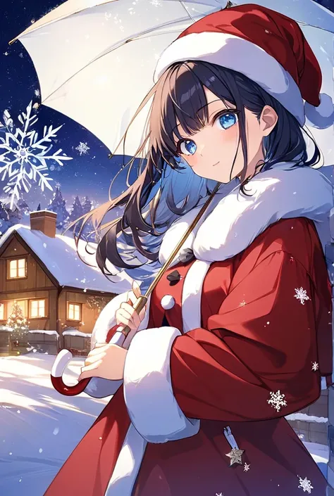 A mesmerizing anime illustration inspired by the original character design: a young girl with expressive blue eyes and flowing dark hair. Her outfit is transformed into a festive Christmas ensemble, featuring a red velvet coat with white fur trim, golden d...