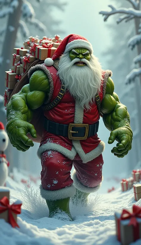 A towering green Santa in a tattered red suit and white beard. He carries a massive sack of presents effortlessly and shouts, "Hulk smash...bad vibes!" as he spreads holiday cheer.