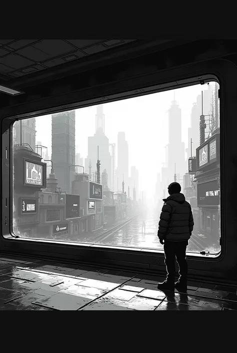  from a distance with a black and white comic picture .  and draw the window horizontally long like a cyberpunk window. I wish I could look at 