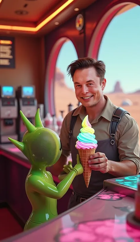 close-up, highly detailed image of Elon Musk standing behind the counter of a futuristic ice cream shop on Mars, handing a brightly colored ice cream cone to a cheerful alien. Elon Musks face is highly realistic, showing a friendly smile with sharp facial ...