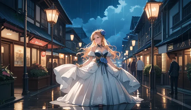 rainy night, beautiful Japanese woman with delicate features, standing in the rain, gazing up at the cloudy, starless sky, raindrops falling on her face, wearing an elegant, flowing outfit, slightly damp, softly illuminated by nearby streetlights, dark atm...