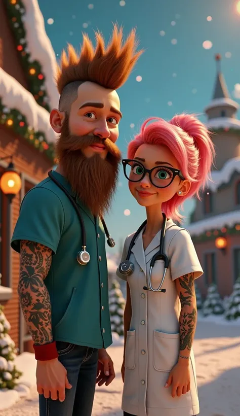  create a PIXAR-style poster with animated 3D characters with lots of details surreal Christmas scene like Jacks and in the scene there is a man with long hair cut mohawk with long beard with tattooed arms and dressed as a veterinarian and next to him a wo...