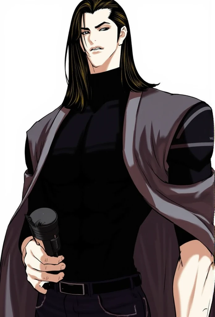 A panel from Lookism Manhwa: Tall male athletic figure with long straight black hair, sharp angular facial features, Elegant tall male figure, flowing golden wavy hair past shoulders, black turtleneck, slim fit dark clothing, bishonen style, confident rela...