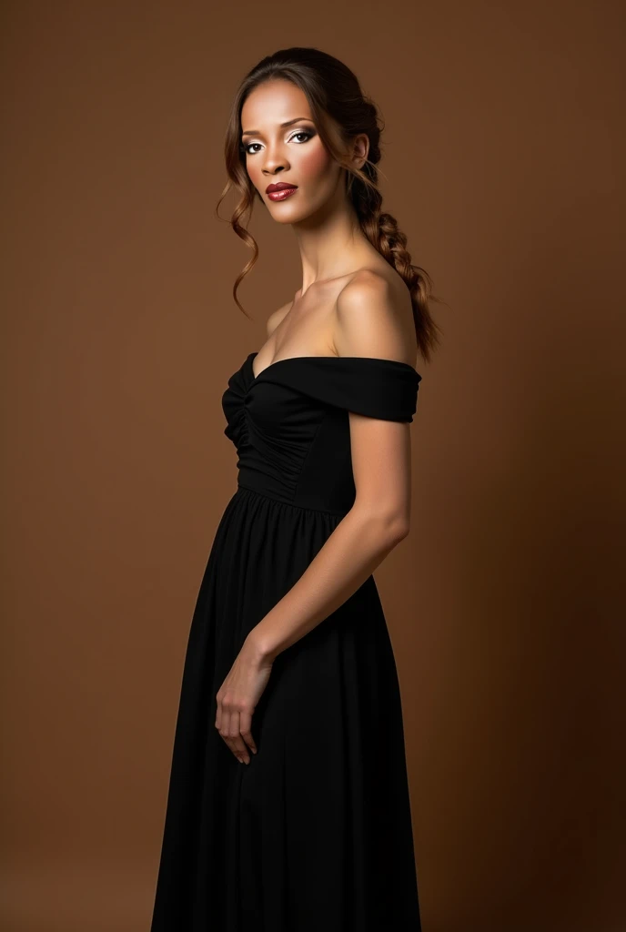 Generate a photo for me in a photo studio ,matte brown background , Dressed in an elegant black mid-length black dress, The woman with a tan fair complexion . Braid hair . With light makeup . 