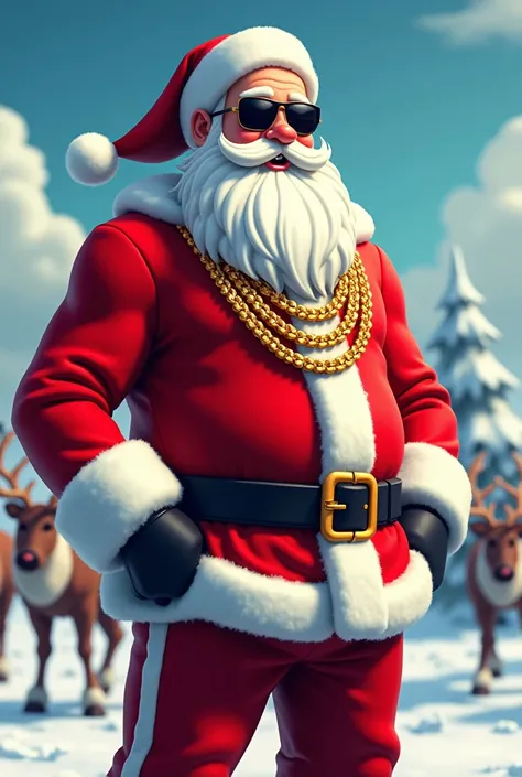 Very animated full-body Santa Claus ,  wearing gold chains around the neck watch on the wrist and dark glasses,  with a North Pole background with reindeer in the background   