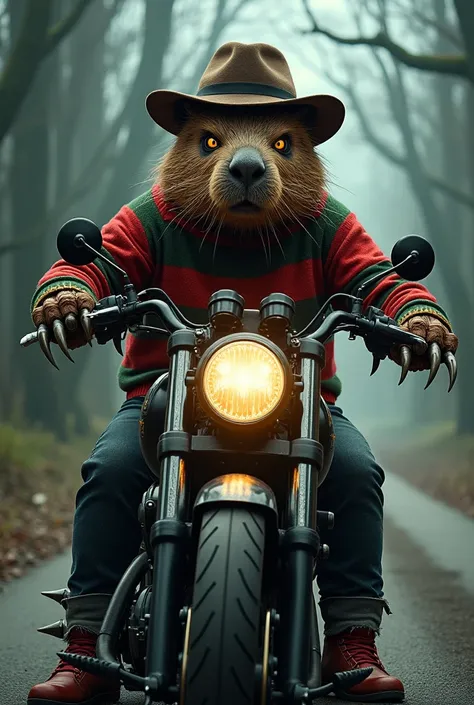 Capybara drawing with Freddy Kruger costume on a motorcycle