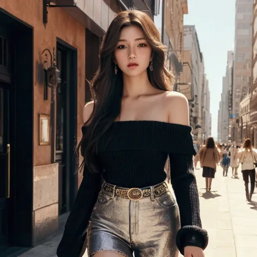 (8k,  best quality, masterpiece:1,2), Realistic depiction ,  top quality, masterpiece, Long hair, Detailed eyes,  cowboy shot ,  very beautiful face, Sexy, short off shoulder , Walking through the city .