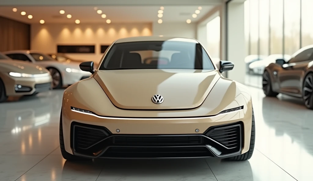 "A modern reinterpretation of the classic Volkswagen Beetle, showcasing a sleek and futuristic design with a beige exterior. The car is viewed from the front, featuring a streamlined and modern front bumper with integrated LED headlights, a smooth hood wit...