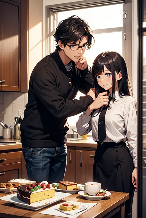  2 people are sitting at the table and there is 1 cake, Satoru Gojo, male,  blue eyes,  laughs, Words like entering the house ,  girl , Brown-haired Suguru Geto , male,  hair gathered in a van , standing in front of a door,  table with white sheets , outsi...