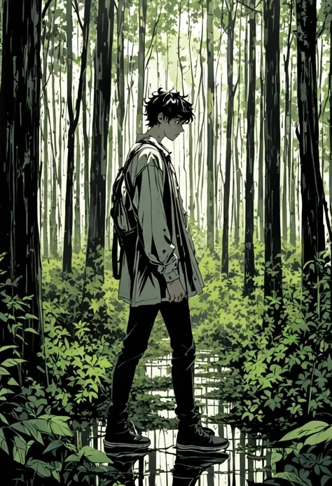  A distressed young man walking alone through dense forest .  His face is marked by frustration and sadness,  his clothes are simple ,  and the surrounding forest is lush but shady , reflecting his troubled mind . To black or white