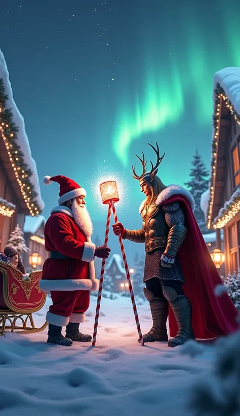 A snowy Norse village lit up with Christmas decorations under the northern lights. Santa Claus stands by a reindeer sleigh, holding a candy cane staff. Opposite him, Thor in a fur-lined red cloak wields Mjolnir wrapped in glowing festive lights, surrounded...