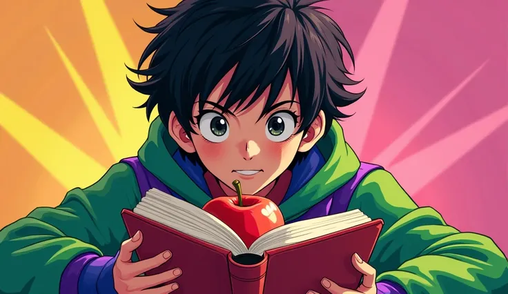 adolescent male,   black hair,   holding a book ,   holding an apple ,  clothing color green and purple,  bright colors.