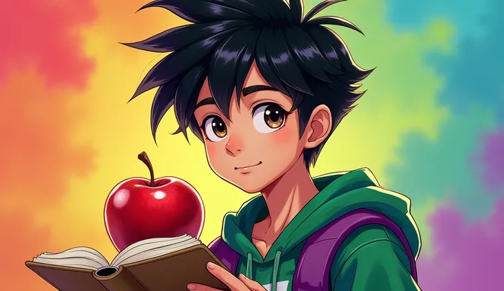 adolescent male,   black hair,   holding a book ,   holding an apple ,  clothing color green and purple,  bright colors.