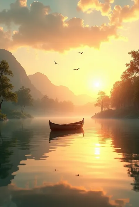 2. Golden Hour by the Lake:
A serene lake surrounded by lush greenery, reflecting the warm hues of the sunset. Birds fly gracefully across the sky, and a wooden boat drifts peacefully on the water.
