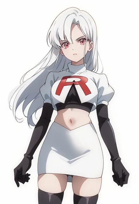 score_9_up,score_8_up,score_7_up,DL_MS,1girl,solo,white hair,looking at viewer,long hair,pink eyes,cowboy_shot,white_background,simple_background,team rocket,team rocket uniform,white skirt,red letter R,crop top,black thigh-highs,black elbow gloves