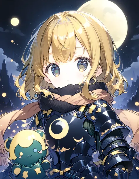 Detailed 8k cute theme , girl with scarf, long disheveled yellow hair and black eyes wearing green and black armor with full moon in the background