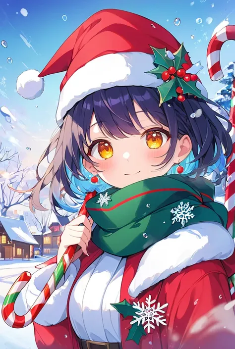 A stunning anime illustration featuring a cheerful young girl dressed in a festive winter outfit: a cozy red velvet coat with white fur trim, a green scarf, and a playful Santa hat adorned with a snowflake brooch. She holds a candy cane-striped umbrella, w...