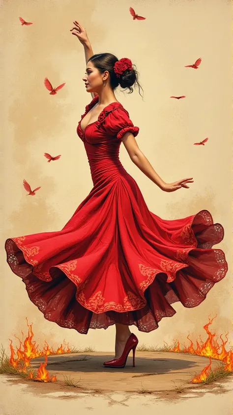 Create a detailed UHD 16K image of a captivating Gipsy woman dancing in a flamenco dress, vividly red in color. She is elegantly posed in motion, embodying the essence of music and dreams. The background features the magical landscapes of Andalusia, with f...