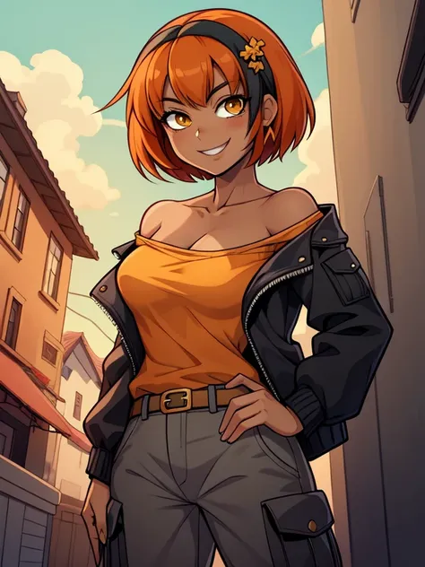 (best quality:1.3), (4K quality), masterpiece, best quality, high res, detailed, (Detailed face:1.2), (Detailed eyes:1.2), (Perfect figure:1.2), CARTOON, ANIME, CARTOON ARTSTYLE, 1girl, solo, short black hair, yellow eyes, tan-bronze skin. (Wearing: Orange...