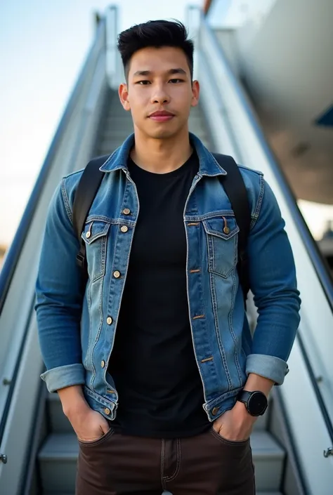 Portrait photo Big muscular man, tight chest ,  muscle bundle ,  Asian young brunette is neatly standing outdoors amid the backdrop going down the stairs of the plane, standing looking at the camera on the right, backpack.  He wears a stylish blue denim ja...