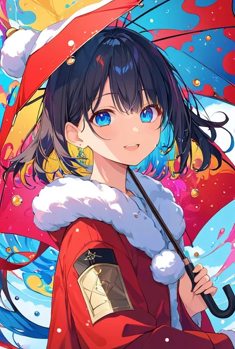 A visually striking anime illustration featuring a cheerful young girl with expressive blue eyes and flowing dark hair. She wears a stylish outfit of a vibrant red coat with artistic gold accents and a matching Santa hat. She holds a sleek umbrella, which ...