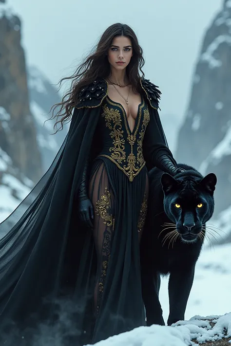 create an ultra-realistic image of a woman with an imposing and sensual appearance, dressed only in a transparent black cloak detailed in gold embroidery, accompanied by a fierce black panther. Both are in an icy environment, with snow-capped mountains in ...