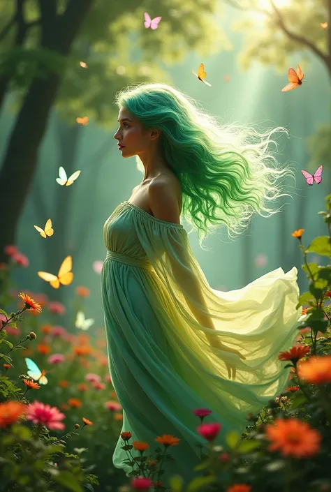 A woman with vibrant, luminescent green hair, floating in an enchanted garden. Her gaze is gentle and curious, filled with an innate wisdom. She wears a flowing dress in shifting colors, like a northern lights.  Around her, butterflies with iridescent wing...