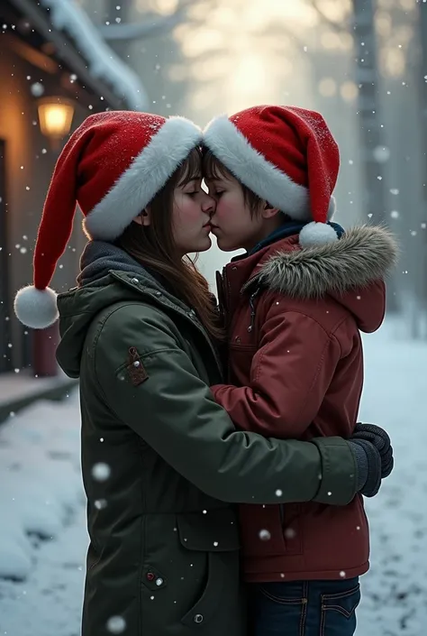 Last Of Us Ellie williams and boy kiss lips With Crithsmas hat red