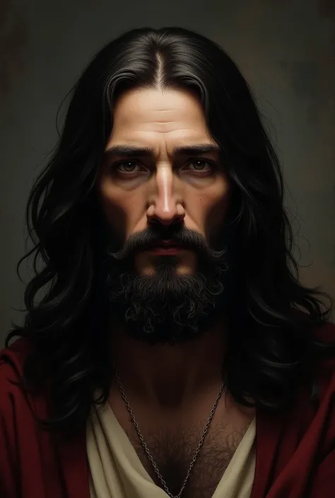 Jesus Christ in the front , with a very black beard and long hair.