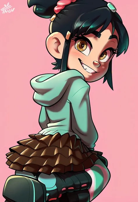 va_pe, 1girl, , black hair, brown eyes
green hoodie, brown skirt, green tights, looking at viewer, looking back rche, close up, showing her butt, Cute Smile, Blue and Pink Background 