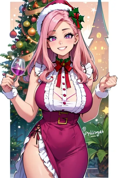 Perfect face. Perfect hands. A pink haired woman with violet eyes and an hourglass figure in a cute holiday dress is making Christmas cards with a big smile by a Christmas tree