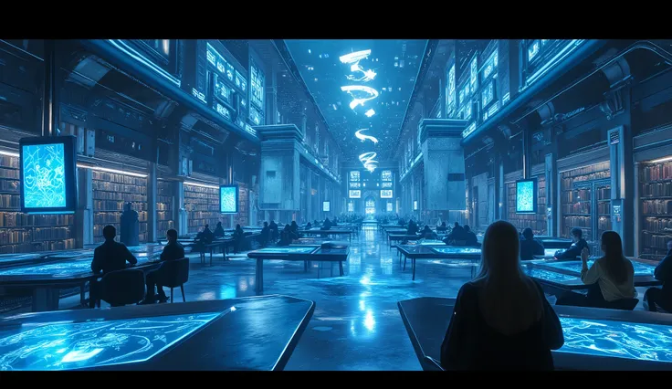 Seton style, city of progress, A futuristic library inside Hogwarts, filled with floating holographic spellbooks and glowing blue screens. Students are seated at sleek desks, some casting spells into the air while others interact with touch-sensitive light...