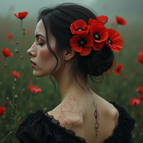 "Blooms of Broken Silence"
Her skin, etched with cracks of sorrow, bore the weight of untold grief, yet the poppies clung to her like fragile flames of defiance. Their fiery petals whispered of resilience, a contrast to the tears that fell unseen. In her q...