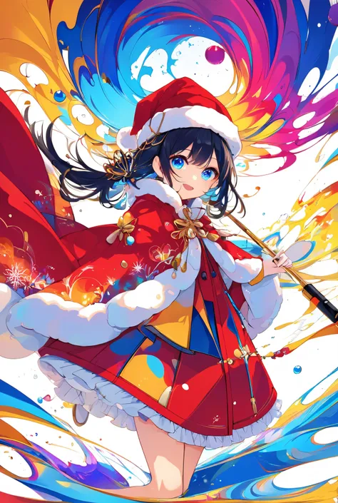 A visually striking anime illustration featuring a cheerful young girl with expressive blue eyes and flowing dark hair. She wears a stylish outfit of a vibrant red coat with artistic gold accents and a matching Santa hat. She holds a sleek umbrella, which ...