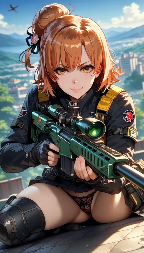 ultra-detailed, 1girl, yui yuigahama, (masterpiece)), (best quality), (highres), 16K, short hair, brown eyes, orange hair, hair bun, single hair bun, wearing tactical clothes, black panties, tactical belt, knee pads, busty body, large breasts and a beautif...