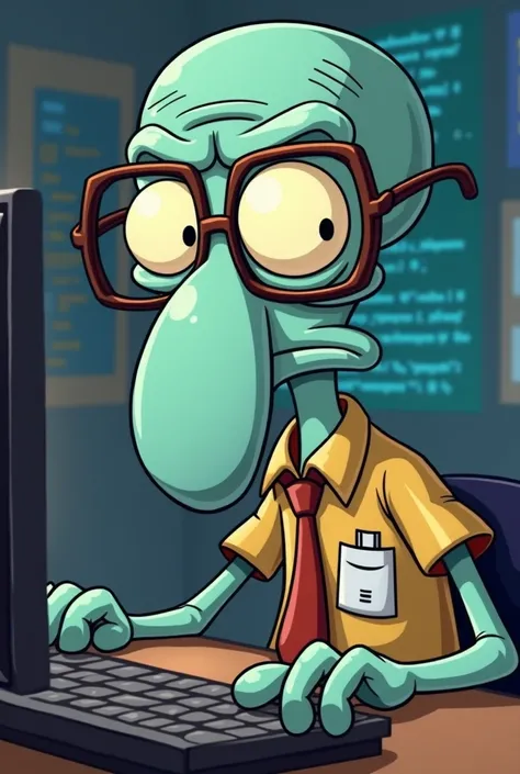  Make an image of Squidward with lenses, Make him look like a nerd programmer 