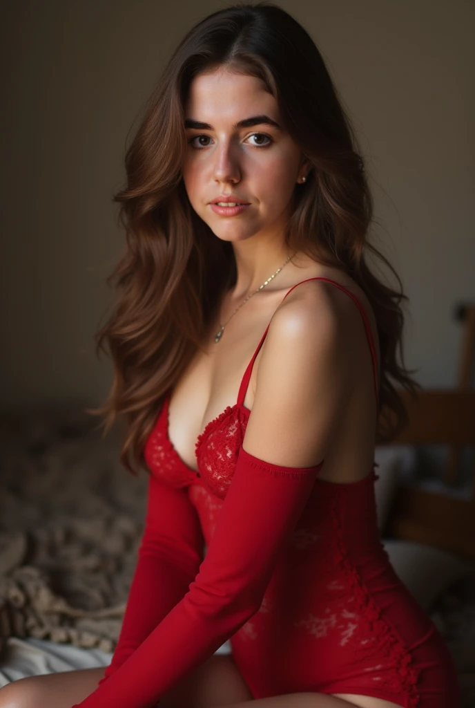 Take the image I sent earlier ,  add this one and perfect the face with the highest quality,  is super realistic highlighting the facial features of the photos ,  the dress I want red lingerie with high socks  