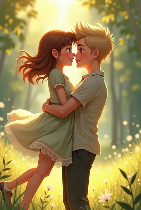 a girl and a boy, the girl has brown eyes and brown hair, and the boy has green eyes and blonde hair,  they are teenagers, Make the boy lift the girl up,the boy has eyeglasses and they are a little bit older and the girl have a white dress and longer hair