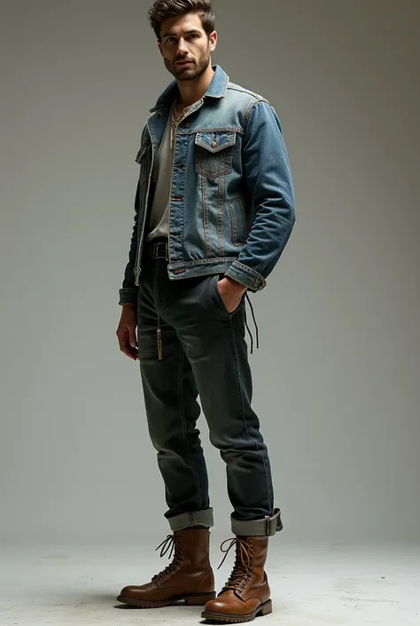 Man wearing denim jacket ,  high lace pants and boots