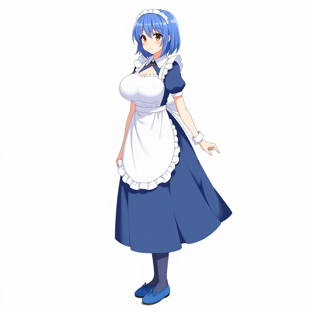 anime girl, brown eyes, big large breasts, anime style, high resolution, blue hair, blue and white long dress, dress anime, blue tights, blue womens moccasins, blue maid, standing tall,exposed bare breasts, big hyper large breasts,