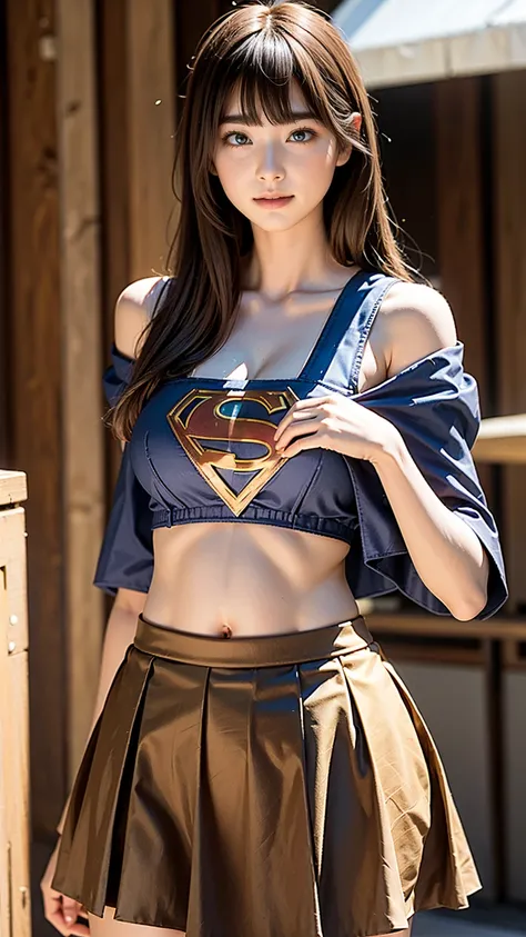   1 girl，big tit female body set ，  Supergirl Costume Dress，skirt、ミニskirt、Cutting clothes，close，  Off Shoulder Outfit，Charming，  perfect body，street，belly button，Abdominal vest line，Brown Hair、Long Hair、Long Hair、  Sexy Poses