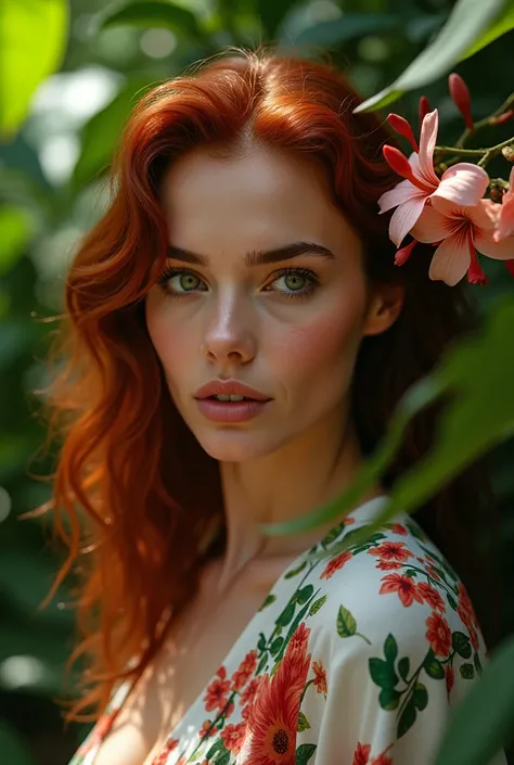  A Brazilian woman in a lush tropical garden,  dark red hair ,  wearing an open shirt with floral print ,  with a close up capturing the harmonious beauty between her breasts and the natural flowers, showing your natural charm and personality