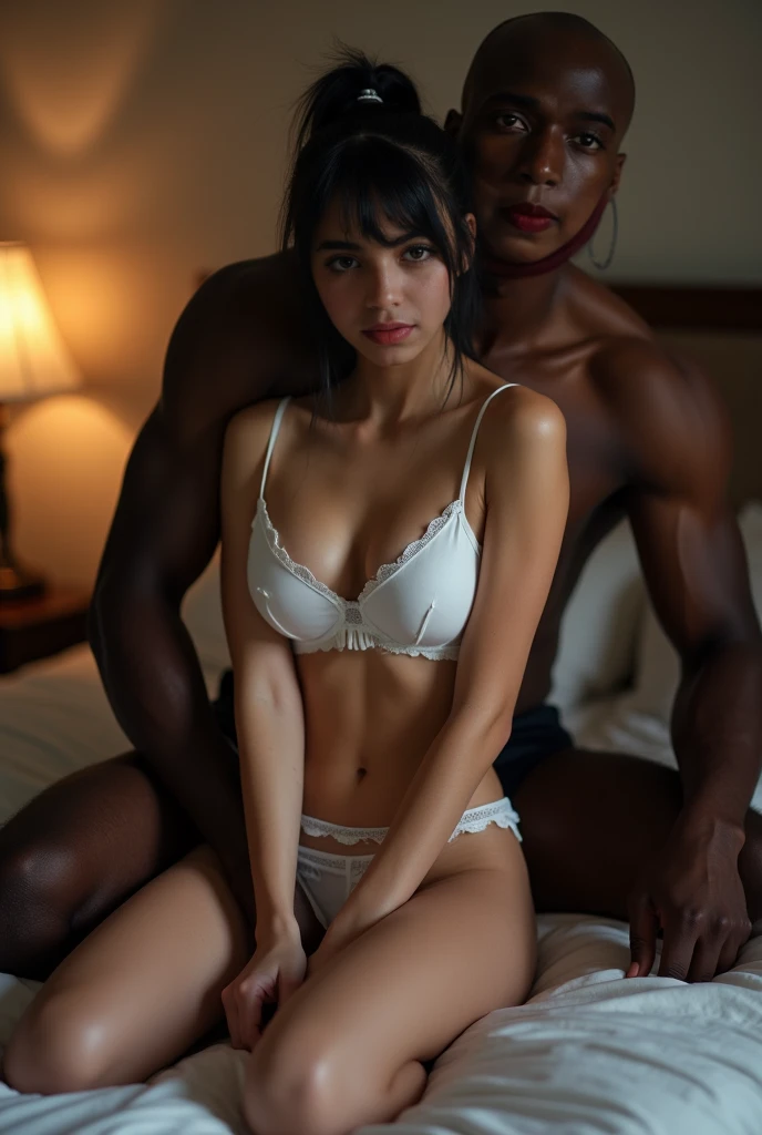 (Photorealsitic:1.4)、(​masterpiece:1.3)、(top-quality:1.4)、 sexy well proportioned full body, legs exposed, innocent and sexy young little woman, white bra and panties, her knees on bed , ((alpha tall black bald (muscular) man)) black thong, she facing view...