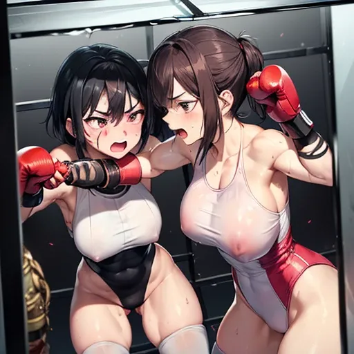 dynamic battle action, muscular and sixpack abs body, they are (((((striking each others body and face by hard punches in the narrow glass box))))) so hard. two (((bloody)))) cute Japanese heavyweight high school student girl kickboxers are fighting in the...