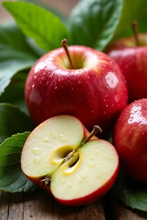 Apple

1. "A fresh, shiny red apple with dewdrops on its surface, placed on a wooden table with green leaves in the background."


2. "A sliced apple showing its juicy interior, with seeds in the center, surrounded by whole apples."
