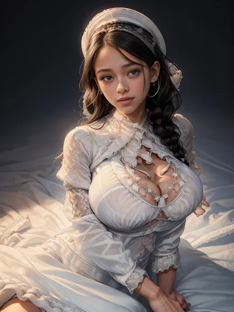 (full head):1.8, Arafed woman looks like Jenna Ortega with braids in a ((white dress and laced shirt, big breast):1.9), as Mittwoch Addams, Mittwoch Addams, she has white eyes!!!, Sie hat schwarze Haare mit Pony, with black pigtails, she has a sweet face r...