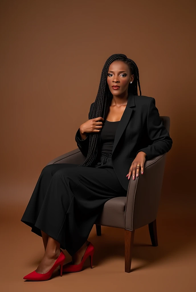 Generate a photo for me in a zoom photo studio, matte brown background ,  Dressed in a black jacket set, sitting on an armchair , red heel shoe, The woman with a tan fair complexion .  African braid hair . With light makeup . 