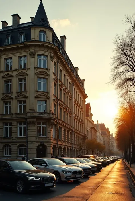 cars are parked in a parking lot in front of a building, a picture inspired by Georg Friedrich Schmidt, shutterstock, art nouveau, old city, old town, old building, in town, old buildings, in the evening, late afternoon, taken at golden hour, leaked image,...