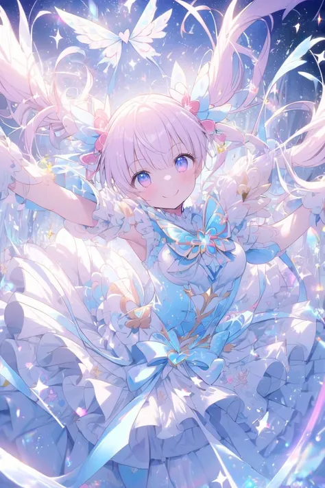 (Magical Girl 1:1.5)、Light blue magical girl、(Twin tails)、Ruffled Skirt、Light blue ribbon、butterfly々、Lots of splashes、Sparkling、lame、Glitter、White Feather、(Dancing)、smile